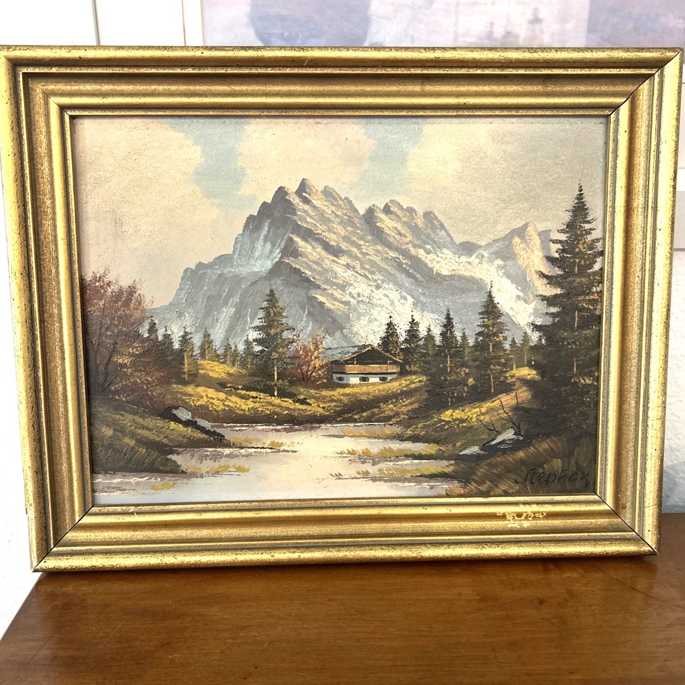 Vintage Mid-Century Alpine Landscape Oil Painting on Board Signed Stephan
